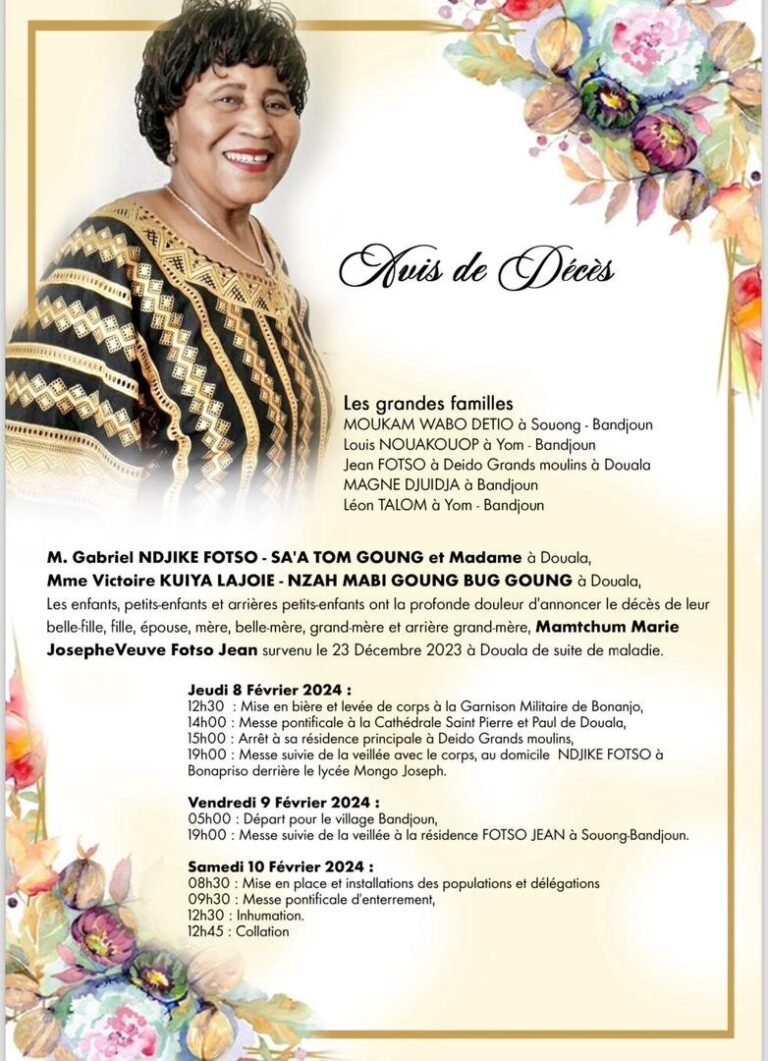 Royale des Jeux du Cameroun (RDJ) : Avis de décès et programme des obsèques de la maman de Victoire KUIYA LAJOIE