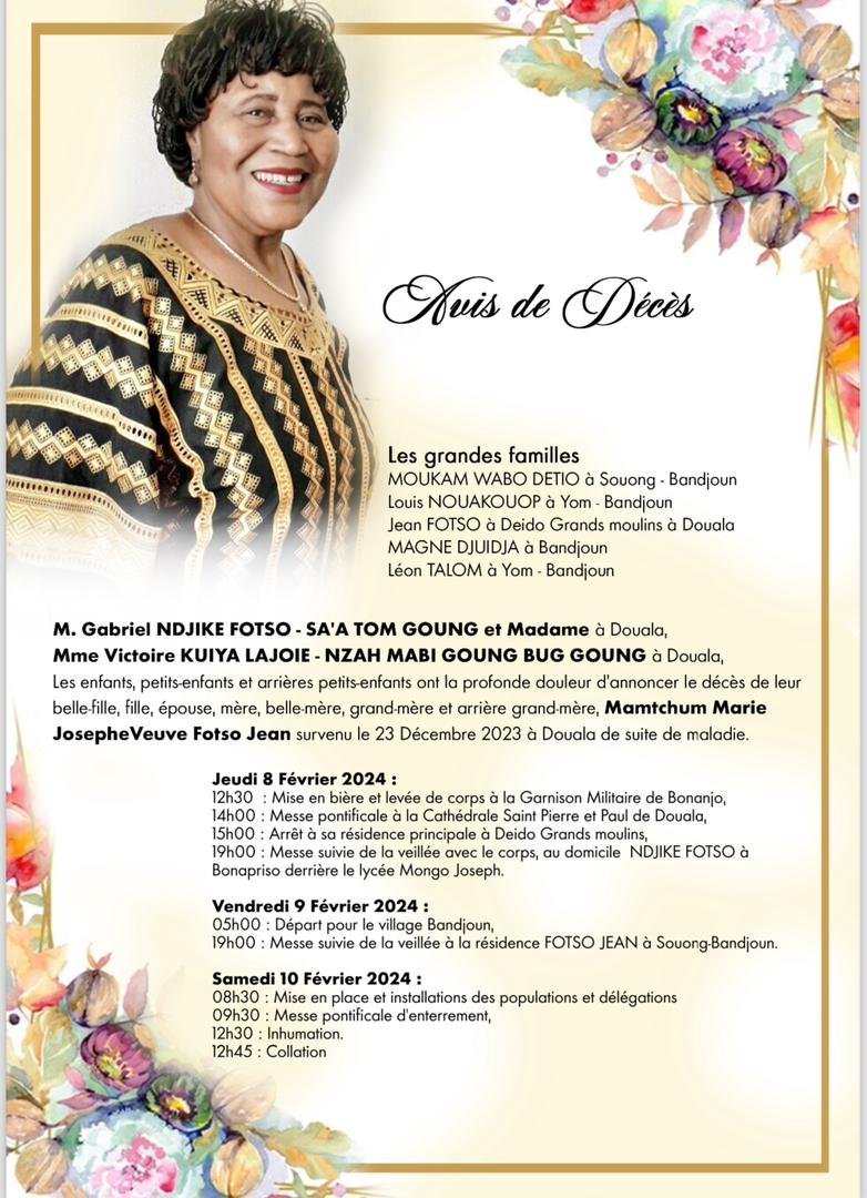 Royale des Jeux du Cameroun (RDJ) : Avis de décès et programme des obsèques de la maman de Victoire KUIYA LAJOIE