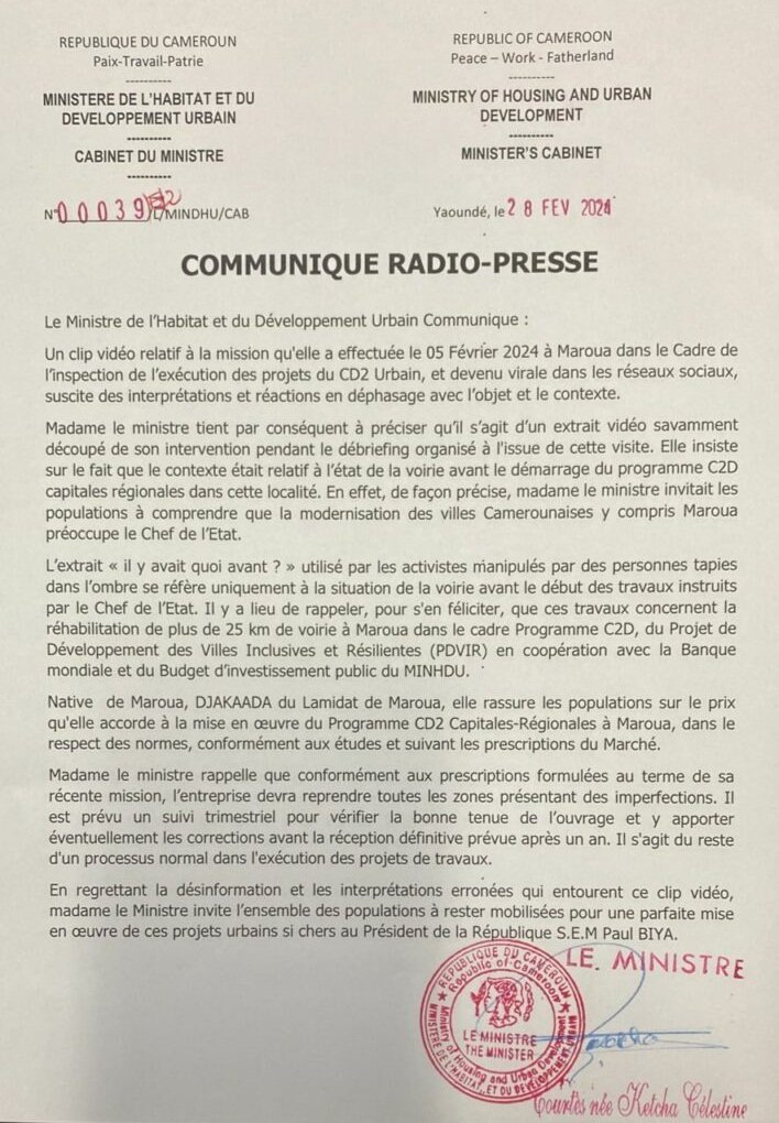 Tentative de déstabilisation de l’exécution des projets du C2D Urbain à Maroua : Célestine KETCHA COURTÈS rassure la population